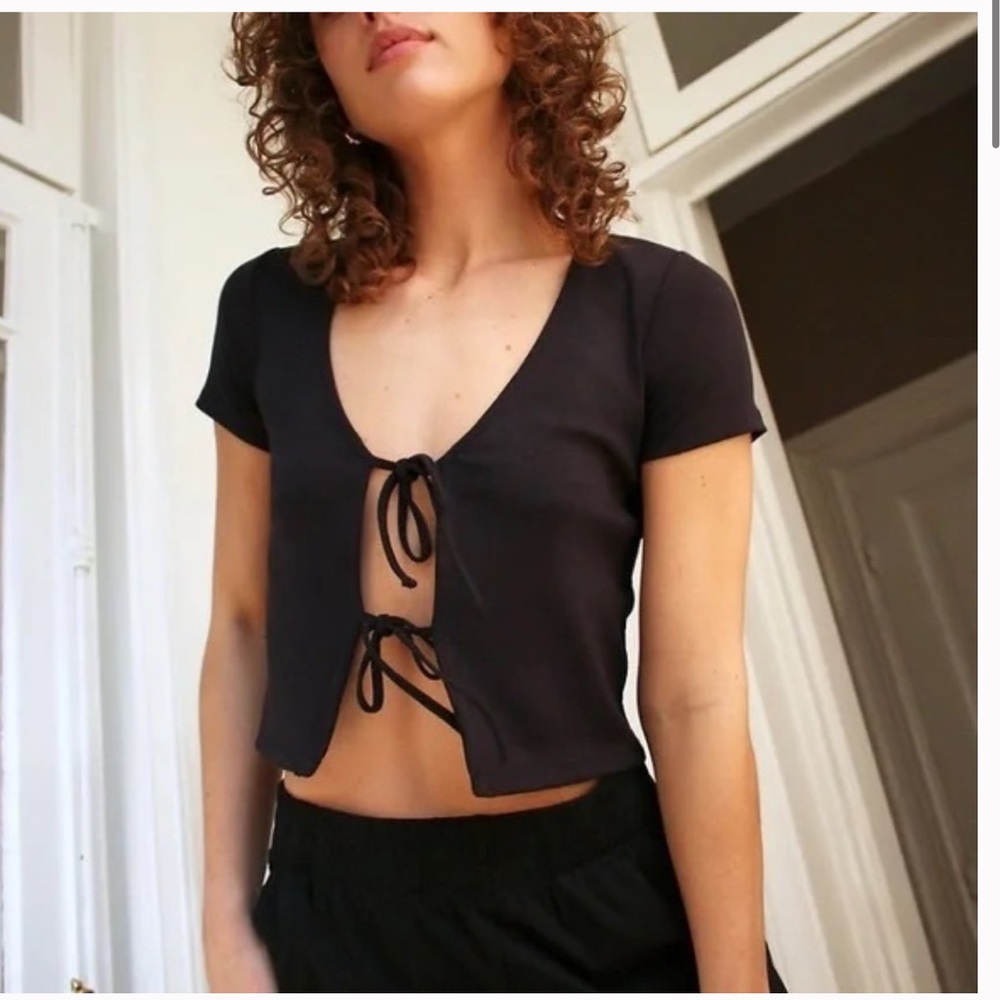 Aritzia Wilfred Free Black Ribbed Only Tie Front T Shirt Size size S